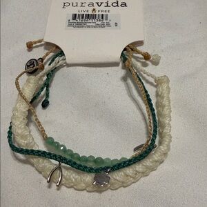 Pura Vida Cream and Green Charm Bracelet Trio
